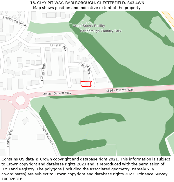 16, CLAY PIT WAY, BARLBOROUGH, CHESTERFIELD, S43 4WN: Location map and indicative extent of plot