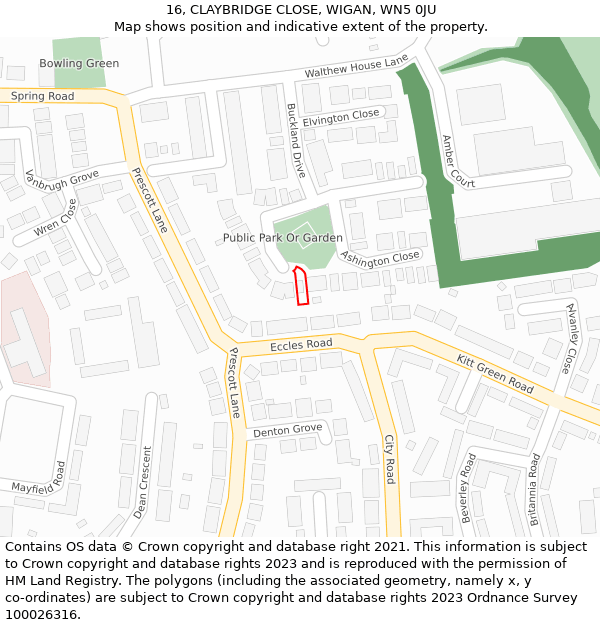 16, CLAYBRIDGE CLOSE, WIGAN, WN5 0JU: Location map and indicative extent of plot