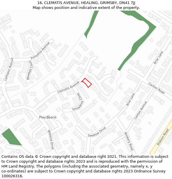 16, CLEMATIS AVENUE, HEALING, GRIMSBY, DN41 7JJ: Location map and indicative extent of plot