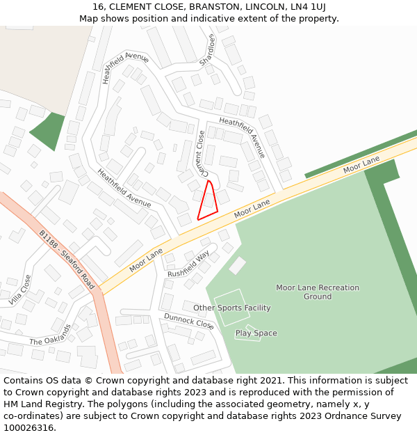 16, CLEMENT CLOSE, BRANSTON, LINCOLN, LN4 1UJ: Location map and indicative extent of plot