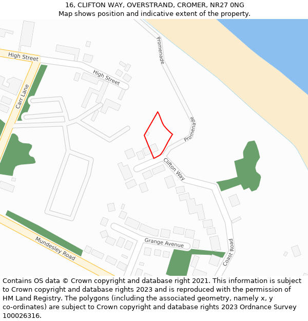 16, CLIFTON WAY, OVERSTRAND, CROMER, NR27 0NG: Location map and indicative extent of plot