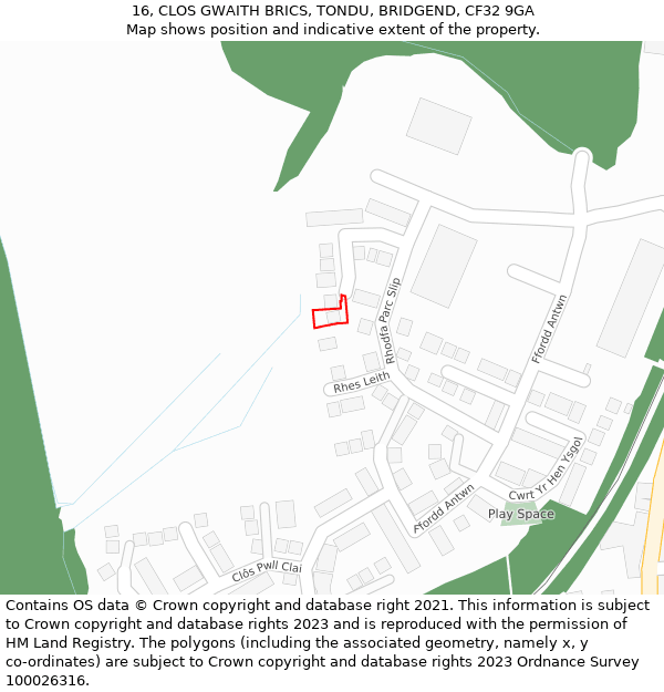 16, CLOS GWAITH BRICS, TONDU, BRIDGEND, CF32 9GA: Location map and indicative extent of plot