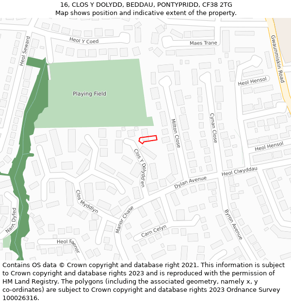 16, CLOS Y DOLYDD, BEDDAU, PONTYPRIDD, CF38 2TG: Location map and indicative extent of plot