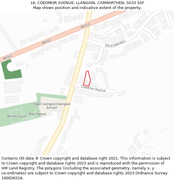 16, COEDMOR AVENUE, LLANGAIN, CARMARTHEN, SA33 5AF: Location map and indicative extent of plot