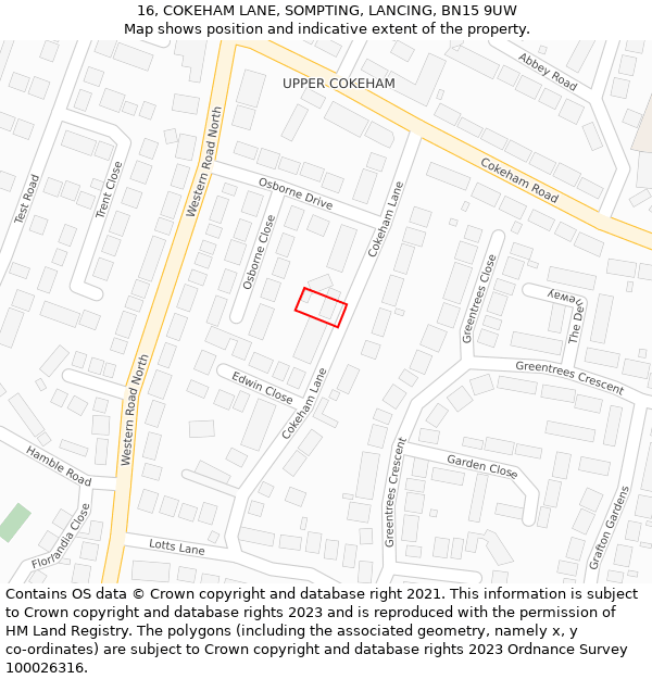 16, COKEHAM LANE, SOMPTING, LANCING, BN15 9UW: Location map and indicative extent of plot