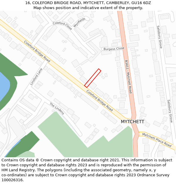 16, COLEFORD BRIDGE ROAD, MYTCHETT, CAMBERLEY, GU16 6DZ: Location map and indicative extent of plot