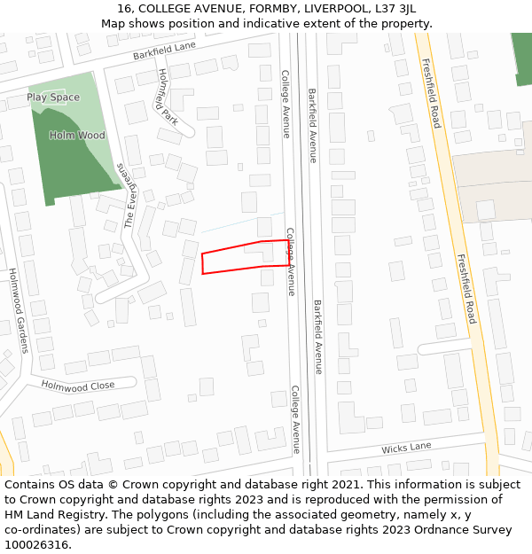 16, COLLEGE AVENUE, FORMBY, LIVERPOOL, L37 3JL: Location map and indicative extent of plot