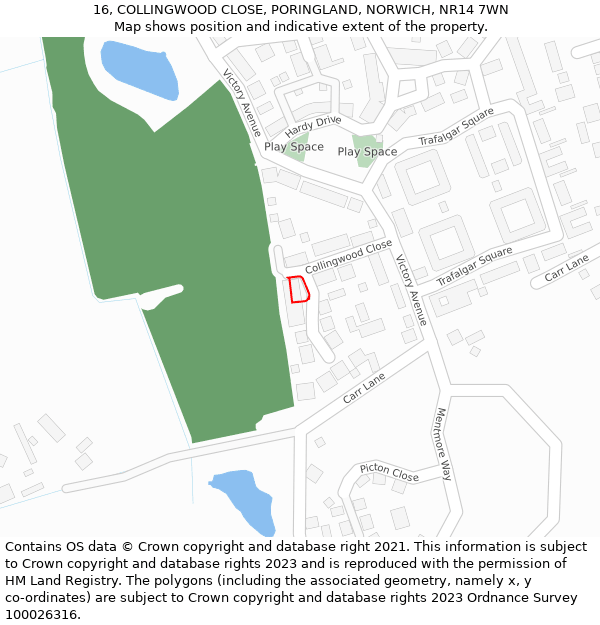 16, COLLINGWOOD CLOSE, PORINGLAND, NORWICH, NR14 7WN: Location map and indicative extent of plot