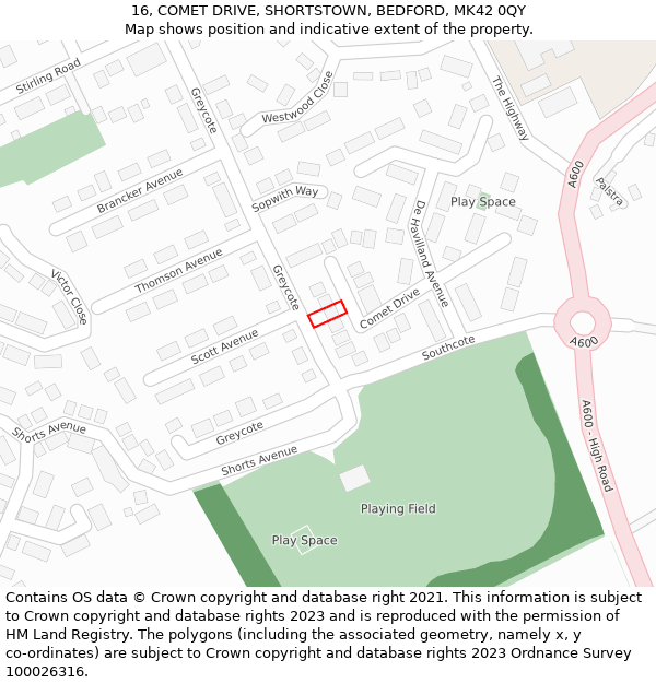 16, COMET DRIVE, SHORTSTOWN, BEDFORD, MK42 0QY: Location map and indicative extent of plot