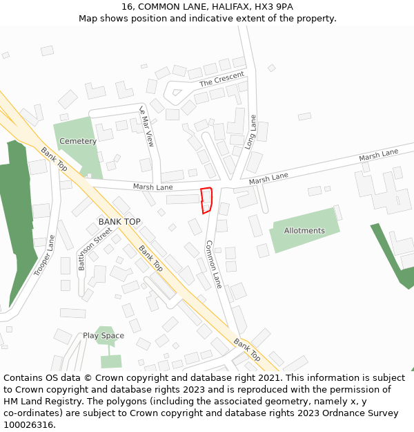 16, COMMON LANE, HALIFAX, HX3 9PA: Location map and indicative extent of plot
