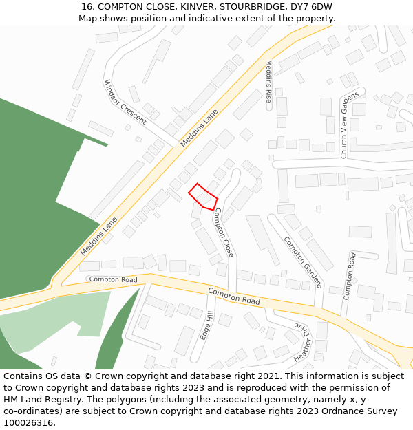 16, COMPTON CLOSE, KINVER, STOURBRIDGE, DY7 6DW: Location map and indicative extent of plot
