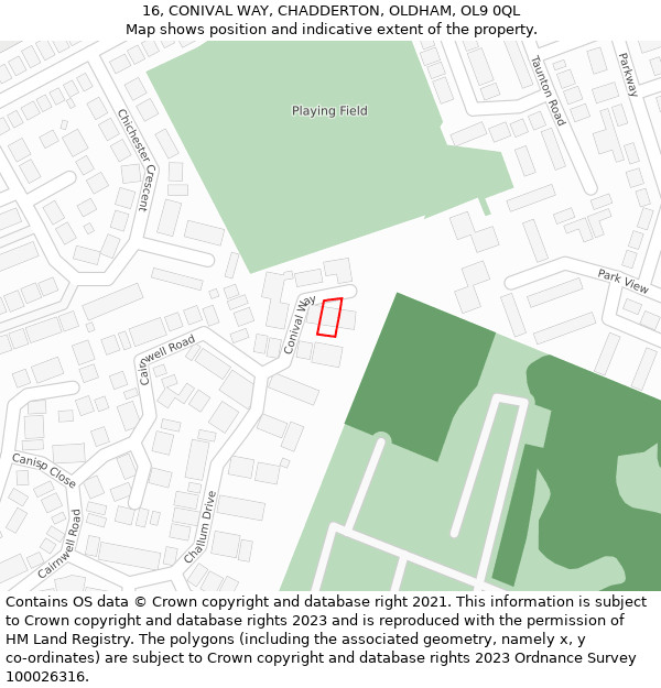 16, CONIVAL WAY, CHADDERTON, OLDHAM, OL9 0QL: Location map and indicative extent of plot