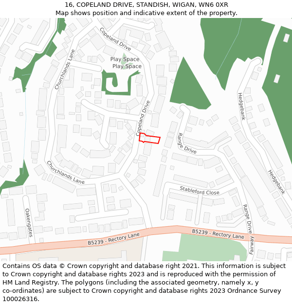 16, COPELAND DRIVE, STANDISH, WIGAN, WN6 0XR: Location map and indicative extent of plot