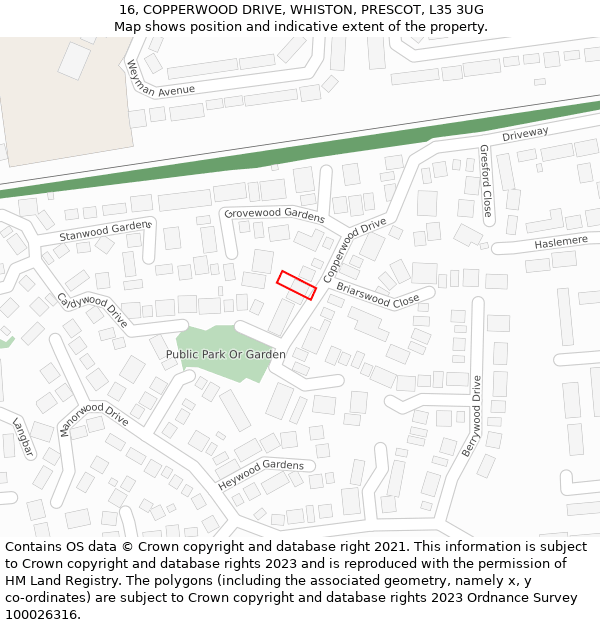 16, COPPERWOOD DRIVE, WHISTON, PRESCOT, L35 3UG: Location map and indicative extent of plot