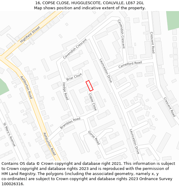 16, COPSE CLOSE, HUGGLESCOTE, COALVILLE, LE67 2GL: Location map and indicative extent of plot