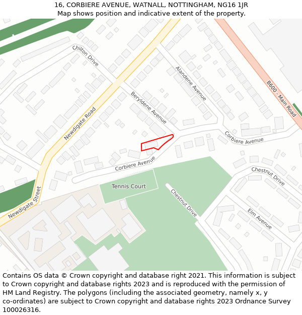 16, CORBIERE AVENUE, WATNALL, NOTTINGHAM, NG16 1JR: Location map and indicative extent of plot