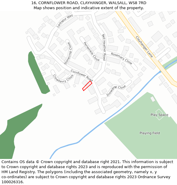 16, CORNFLOWER ROAD, CLAYHANGER, WALSALL, WS8 7RD: Location map and indicative extent of plot