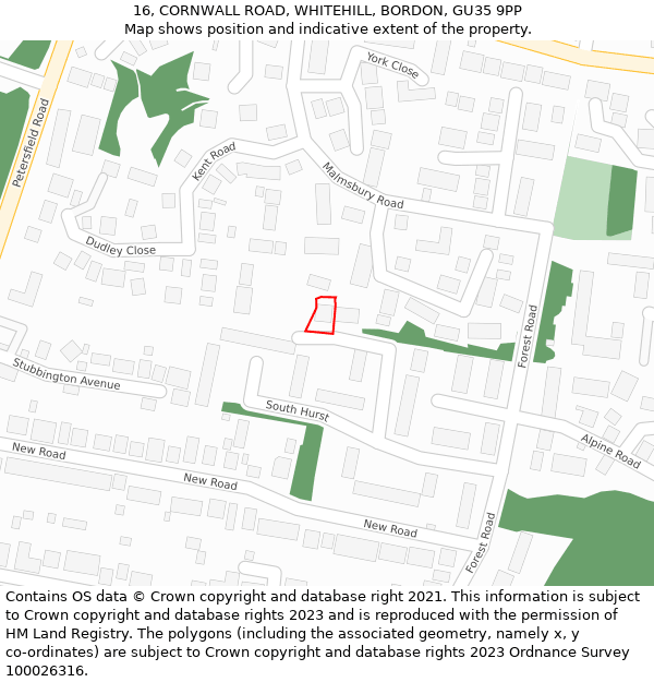 16, CORNWALL ROAD, WHITEHILL, BORDON, GU35 9PP: Location map and indicative extent of plot