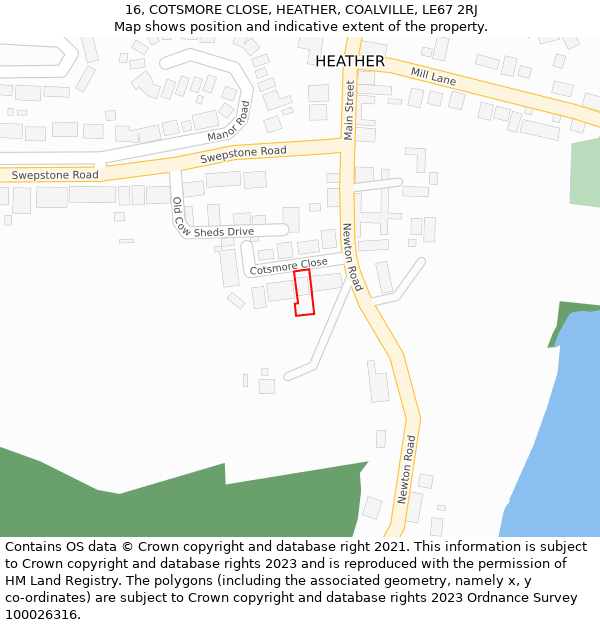 16, COTSMORE CLOSE, HEATHER, COALVILLE, LE67 2RJ: Location map and indicative extent of plot