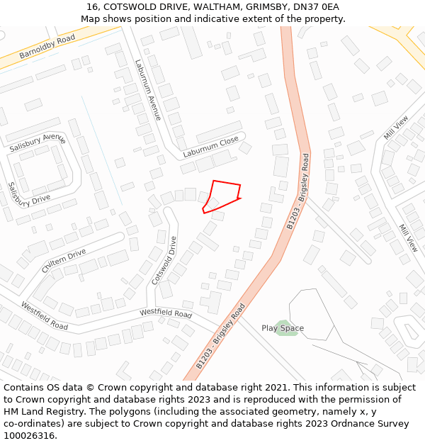 16, COTSWOLD DRIVE, WALTHAM, GRIMSBY, DN37 0EA: Location map and indicative extent of plot