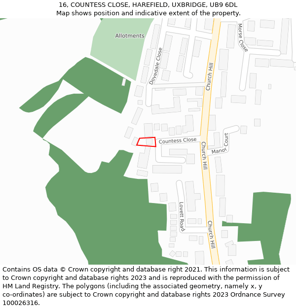 16, COUNTESS CLOSE, HAREFIELD, UXBRIDGE, UB9 6DL: Location map and indicative extent of plot
