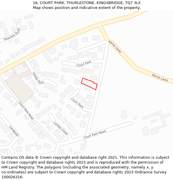 16, COURT PARK, THURLESTONE, KINGSBRIDGE, TQ7 3LX: Location map and indicative extent of plot