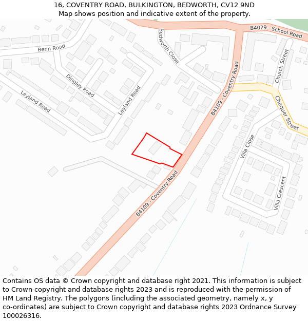 16, COVENTRY ROAD, BULKINGTON, BEDWORTH, CV12 9ND: Location map and indicative extent of plot