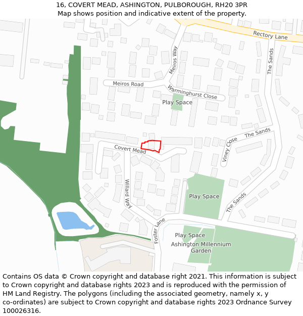 16, COVERT MEAD, ASHINGTON, PULBOROUGH, RH20 3PR: Location map and indicative extent of plot