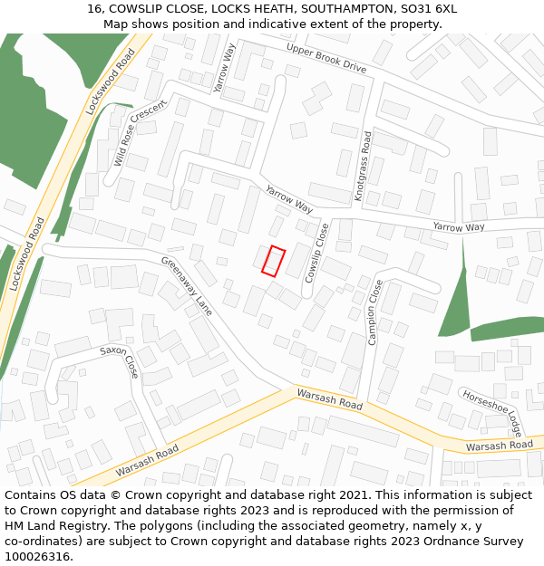 16, COWSLIP CLOSE, LOCKS HEATH, SOUTHAMPTON, SO31 6XL: Location map and indicative extent of plot