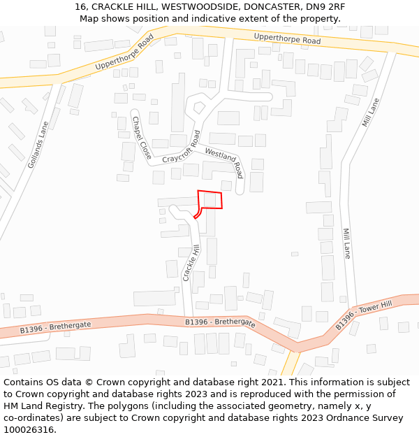 16, CRACKLE HILL, WESTWOODSIDE, DONCASTER, DN9 2RF: Location map and indicative extent of plot