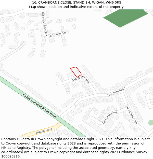 16, CRANBORNE CLOSE, STANDISH, WIGAN, WN6 0RS: Location map and indicative extent of plot