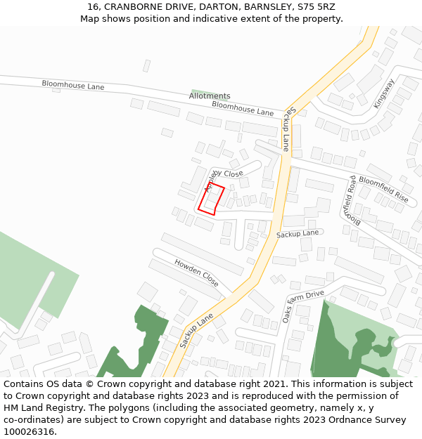 16, CRANBORNE DRIVE, DARTON, BARNSLEY, S75 5RZ: Location map and indicative extent of plot