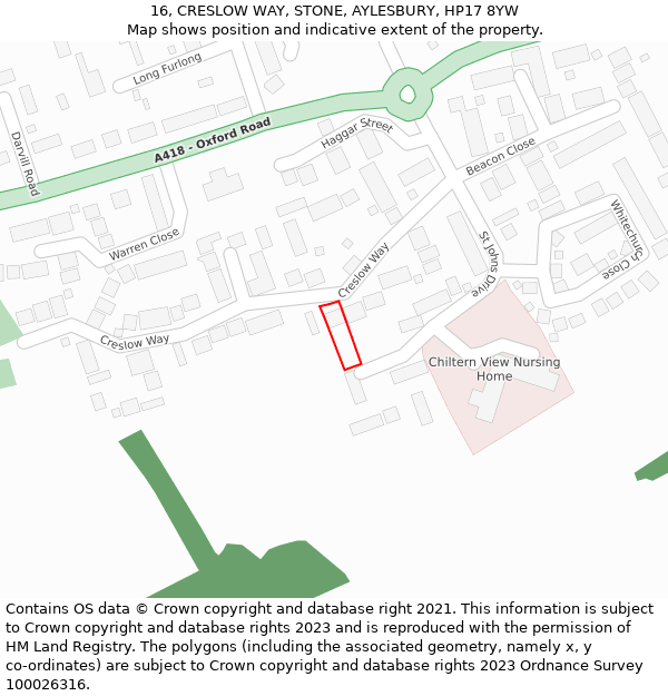 16, CRESLOW WAY, STONE, AYLESBURY, HP17 8YW: Location map and indicative extent of plot