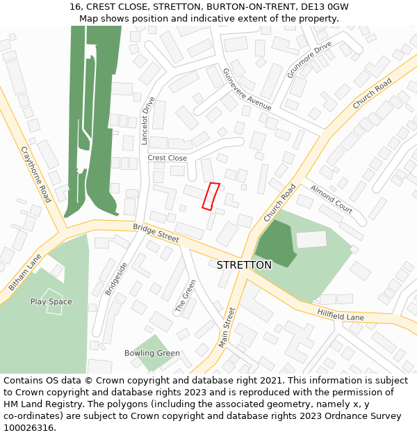 16, CREST CLOSE, STRETTON, BURTON-ON-TRENT, DE13 0GW: Location map and indicative extent of plot