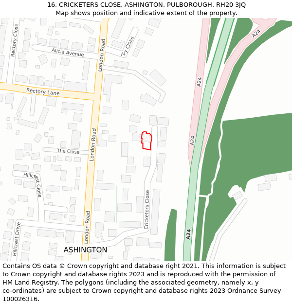 16, CRICKETERS CLOSE, ASHINGTON, PULBOROUGH, RH20 3JQ: Location map and indicative extent of plot