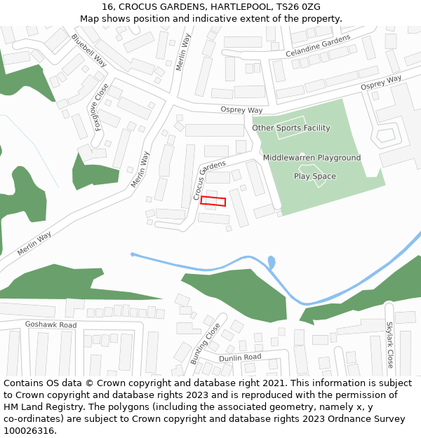 16, CROCUS GARDENS, HARTLEPOOL, TS26 0ZG: Location map and indicative extent of plot