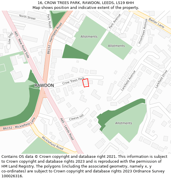 16, CROW TREES PARK, RAWDON, LEEDS, LS19 6HH: Location map and indicative extent of plot