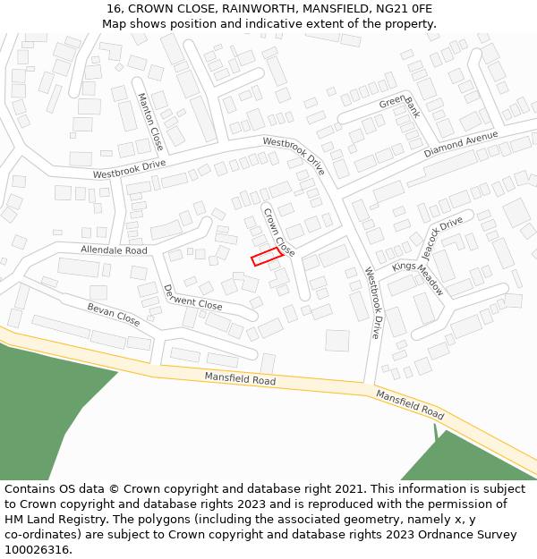 16, CROWN CLOSE, RAINWORTH, MANSFIELD, NG21 0FE: Location map and indicative extent of plot