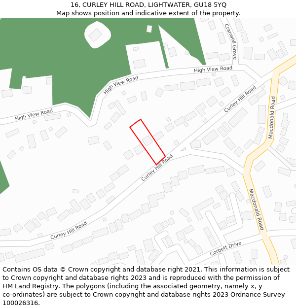 16, CURLEY HILL ROAD, LIGHTWATER, GU18 5YQ: Location map and indicative extent of plot