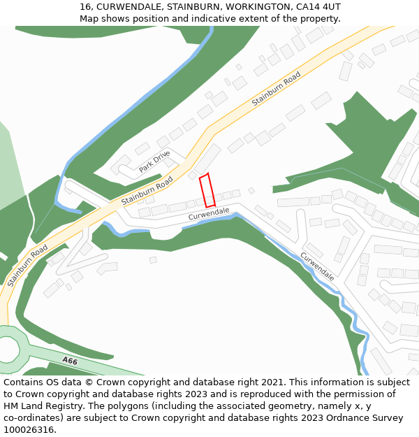 16, CURWENDALE, STAINBURN, WORKINGTON, CA14 4UT: Location map and indicative extent of plot