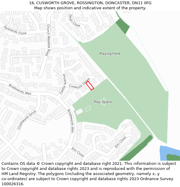 16, CUSWORTH GROVE, ROSSINGTON, DONCASTER, DN11 0FG: Location map and indicative extent of plot