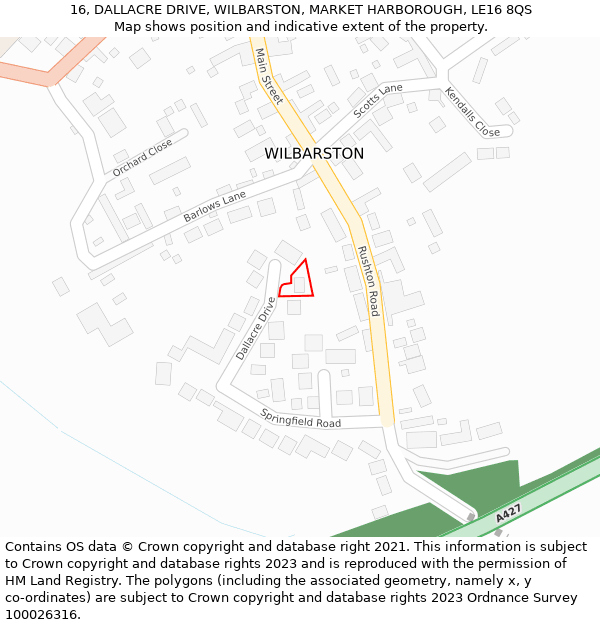 16, DALLACRE DRIVE, WILBARSTON, MARKET HARBOROUGH, LE16 8QS: Location map and indicative extent of plot