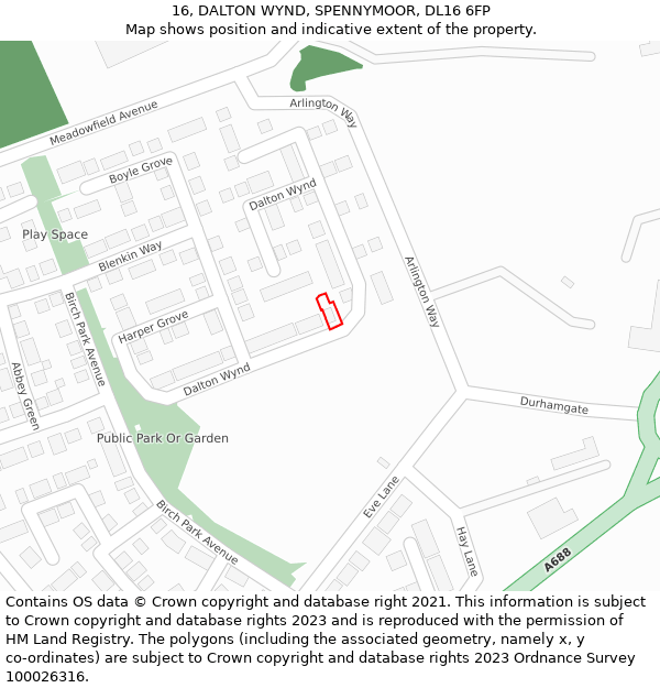 16, DALTON WYND, SPENNYMOOR, DL16 6FP: Location map and indicative extent of plot