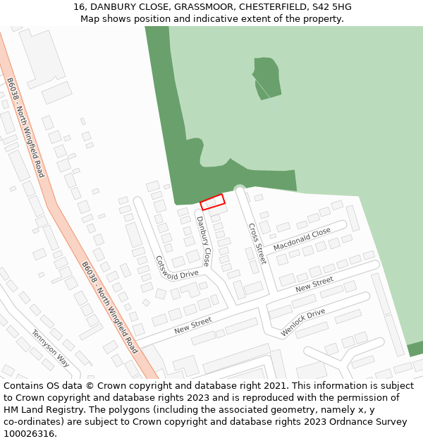 16, DANBURY CLOSE, GRASSMOOR, CHESTERFIELD, S42 5HG: Location map and indicative extent of plot