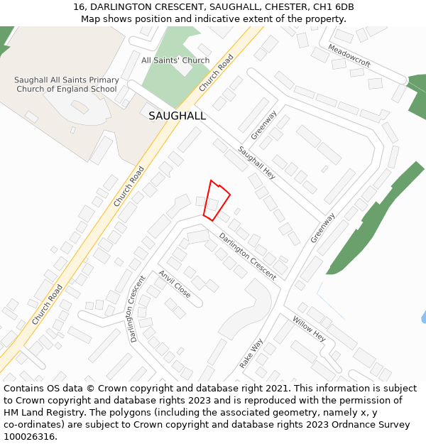 16, DARLINGTON CRESCENT, SAUGHALL, CHESTER, CH1 6DB: Location map and indicative extent of plot