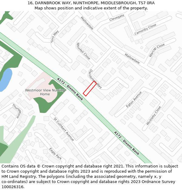 16, DARNBROOK WAY, NUNTHORPE, MIDDLESBROUGH, TS7 0RA: Location map and indicative extent of plot