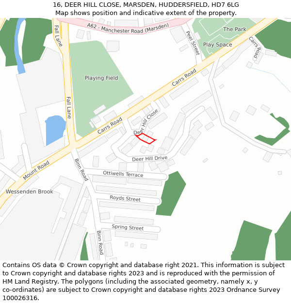16, DEER HILL CLOSE, MARSDEN, HUDDERSFIELD, HD7 6LG: Location map and indicative extent of plot