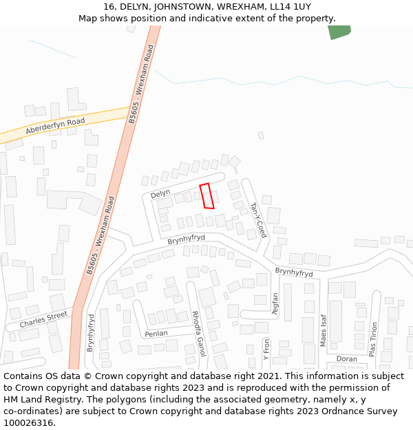 16, DELYN, JOHNSTOWN, WREXHAM, LL14 1UY: Location map and indicative extent of plot