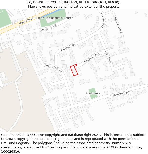 16, DENSHIRE COURT, BASTON, PETERBOROUGH, PE6 9QL: Location map and indicative extent of plot