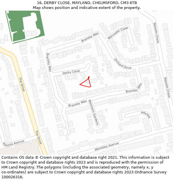 16, DERBY CLOSE, MAYLAND, CHELMSFORD, CM3 6TB: Location map and indicative extent of plot